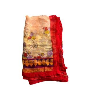Vintage Floral Sheer Scarf Wrap Shawl‎ Red Border 84" x 39" As is